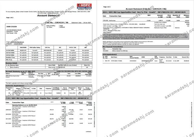 India HDFC Bank account statement Word and PDF template, 2 pages